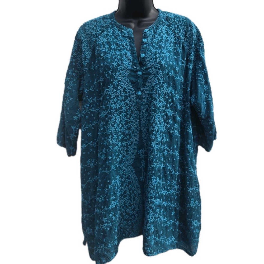 Johnny Was Teal XL Henley V Neck Blouse Long Tunic Embroidered 3/4 Sleeve Boho